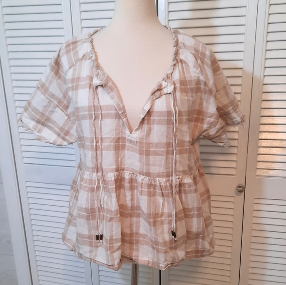 Anthro pilcro linen plaid oversized babydoll boho top XS *C5 - Picture 4 of 8